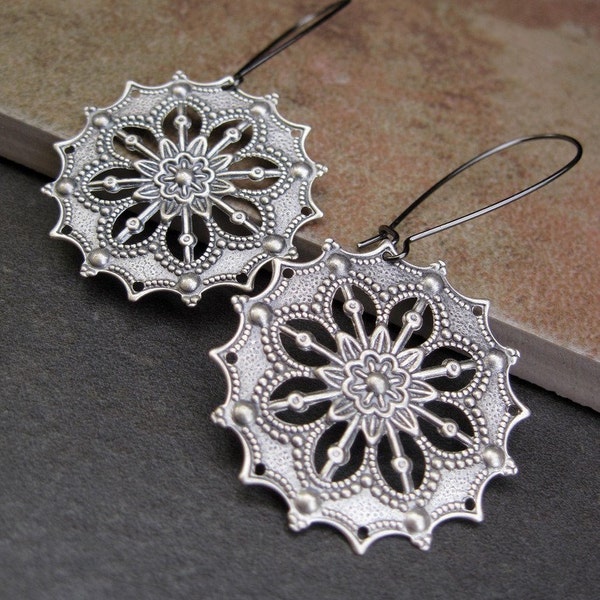 Silver Boho Earrings, Gypsy Earrings, Round Filigree Drop Dangle Earrings, Bohemian Jewelry