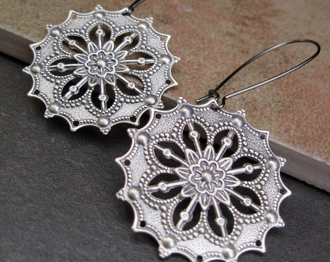 Silver Boho Earrings, Mandala Earrings, Long Earrings, Statement Dangle Drop Earrings, Hippie Boho Jewelry