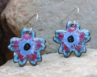 Blue Flower Earrings Dangle, Torch Fired Enamel Jewelry