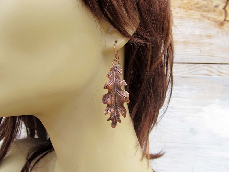 Big Oak Leaf Earrings, Copper Earrings, Long Drop Dangle Earrings, Copper Wedding Anniversary, Rustic Art Nouveau Jewelry image 6