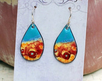 Small Boho Earrings Dangle, Turquoise Enamel Earrings, Handmade Enamel Jewelry, Gift for Her