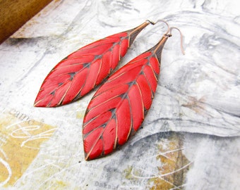 Big Red Earrings, Boho Earrings, Long Leaf Earrings, Gift for her, dangle drop earrings, Bohemian Boho Jewelry