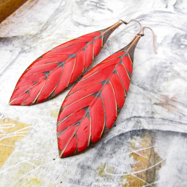 Big Red Earrings, Boho Earrings, Long Leaf Earrings, Gift for her, dangle drop earrings, Bohemian Boho Jewelry