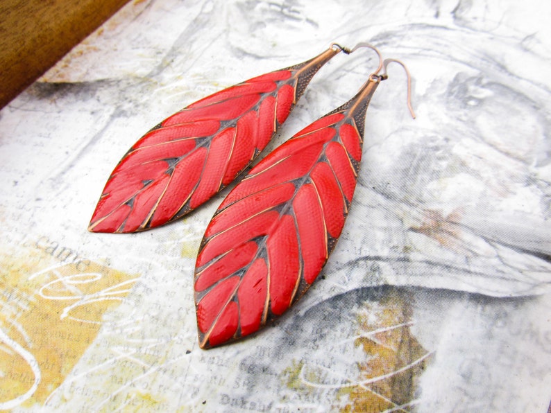 Big Red Earrings, Boho Earrings, Long Leaf Earrings, Gift for her, dangle drop earrings, Bohemian Boho Jewelry image 1