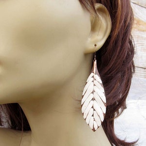 Big Bohemian Earrings, Long Boho Earrings, Copper Leaf Earrings, Linen White Dangle Earrings, Boho Jewelry image 2