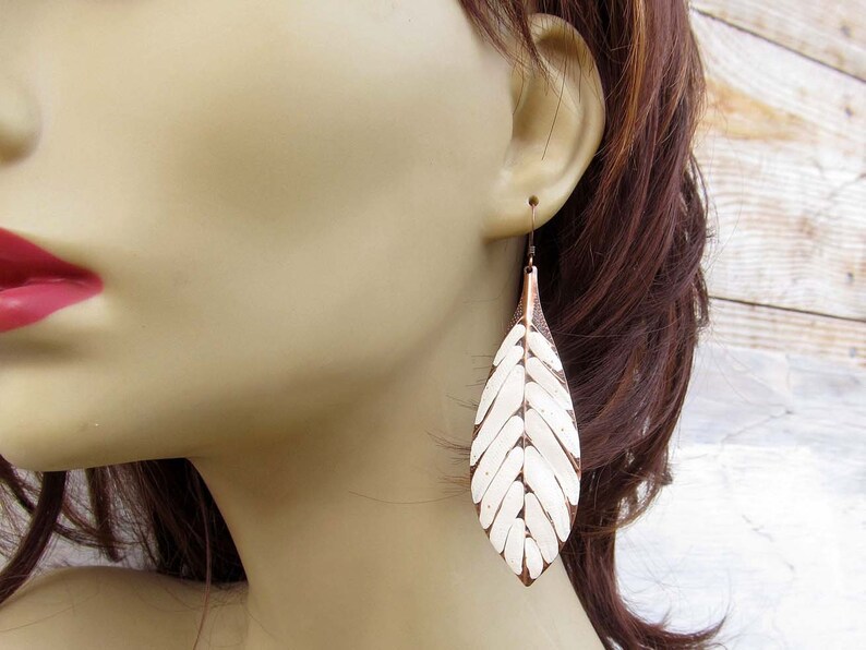 Big Bohemian Earrings, Long Boho Earrings, Copper Leaf Earrings, Linen White Dangle Earrings, Boho Jewelry image 2