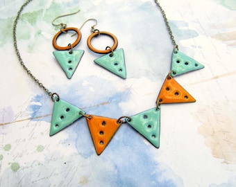 Orange Triangle Necklace, Colorful Bib Necklace, Torch Fired Enamel Jewelry Set, Boho Jewelry