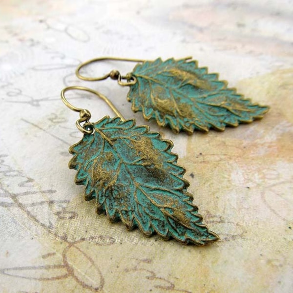 Small Patina Leaf Dangle Earrings, Affordable Gift for Her,  Boho Jewelry