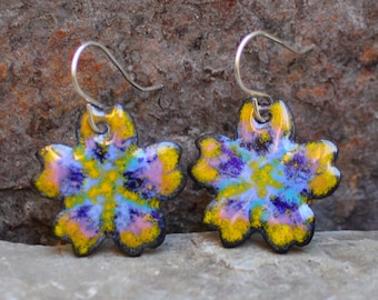 Yellow Flower Earrings, Copper Enamel Jewelry, Gift for Her