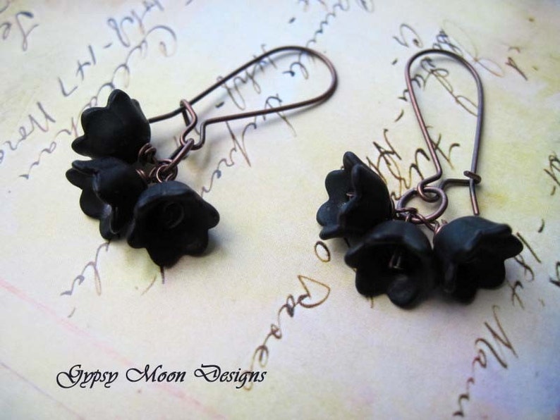 Black Flower Earrings, Dangle Drop Earrings, Art Nouveau Jewelry image 2