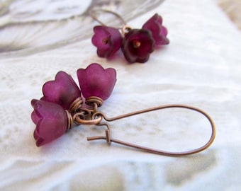 Purple Flower Earrings, Eggplant Lily of the Valley Earrings, Aubergine Tulip Dangle Earrings, Floral Jewelry