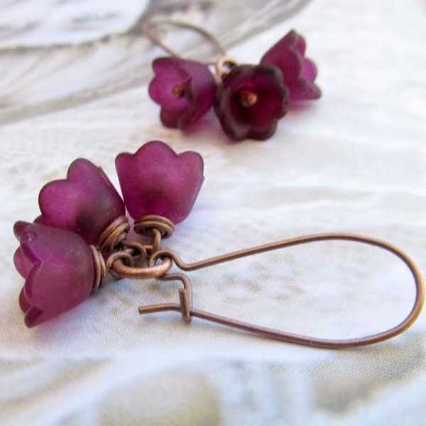 Purple Flower Earrings, Eggplant Lily of the Valley Earrings, Aubergine Tulip Dangle Earrings, Floral Jewelry