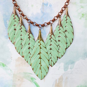 Boho Statement Necklace, Mint Green Leaf Necklace, Bohemian Jewelry, Bold Bib Necklace