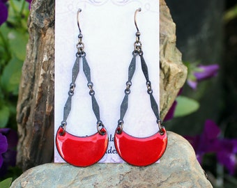 Long Earrings, Black Patina and Red Enamel Earrings, Copper Enamel Jewelry