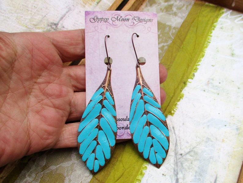 Big Turquoise Earrings, Long Leaf Earrings, Boho Dangle Earrings, Hippie Earrings, Bohemian jewelry image 5