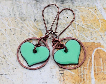 Heart Earrings, Seafoam Green Copper Dangle Earrings, Copper 7th Anniversary Gift