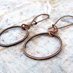 Antiqued Copper Earrings, Hammered Metal Circle Earrings, Small Hoop Earrings, Copper Jewelry