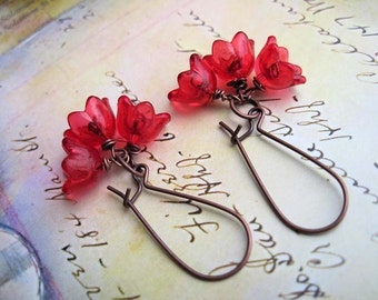 Shiny Red Flower Earrings, Art Nouveau Jewelry, Lily of the Valley Earrings