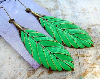 Kelly Green Leaf earrings / Big Dangle Earrings  / Handmade Bohemian Jewelry / Gift For Her