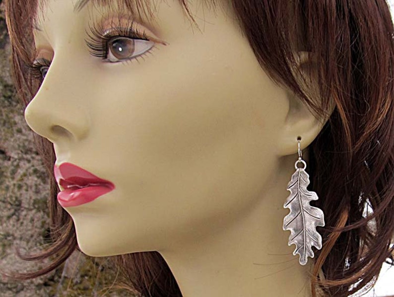 Long Leaf earrings / Silver Oak Leaf Earrings / Silver Drop Dangle Earrings / Art Nouveau Jewelry / Gift for Her image 2