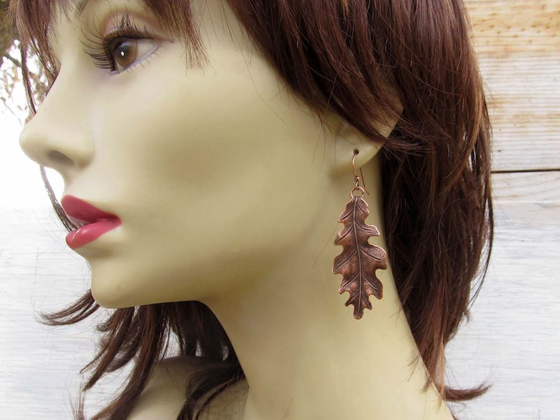 Big Oak Leaf Earrings, Copper Earrings, Long Drop Dangle Earrings, Copper Wedding Anniversary, Rustic Art Nouveau Jewelry image 2