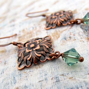 Small Copper Earrings Soft Green Crystals / copper jewelry image 1