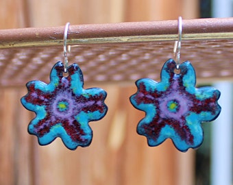 Turquoise Flower Earrings, Enamel Jewelry, Sterling Silver Ear Wires