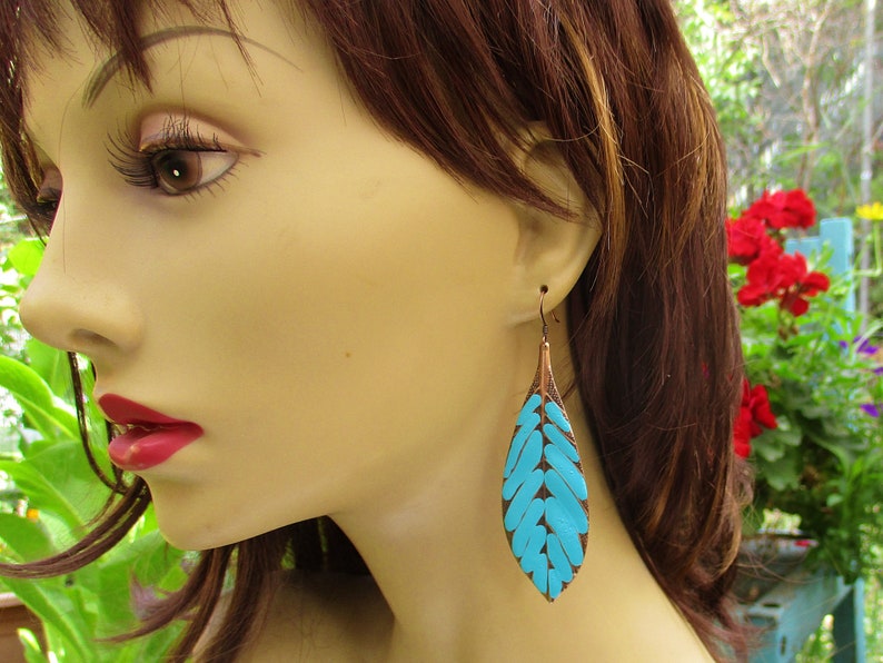 Big Turquoise Earrings, Long Leaf Earrings, Boho Dangle Earrings, Hippie Earrings, Bohemian jewelry image 4