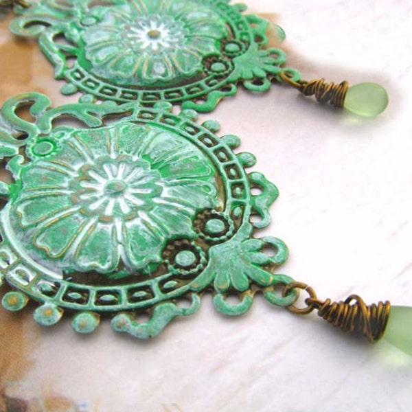 Big bohemian earrings Shabby Boho chic green earrings Bohemian jewelry
