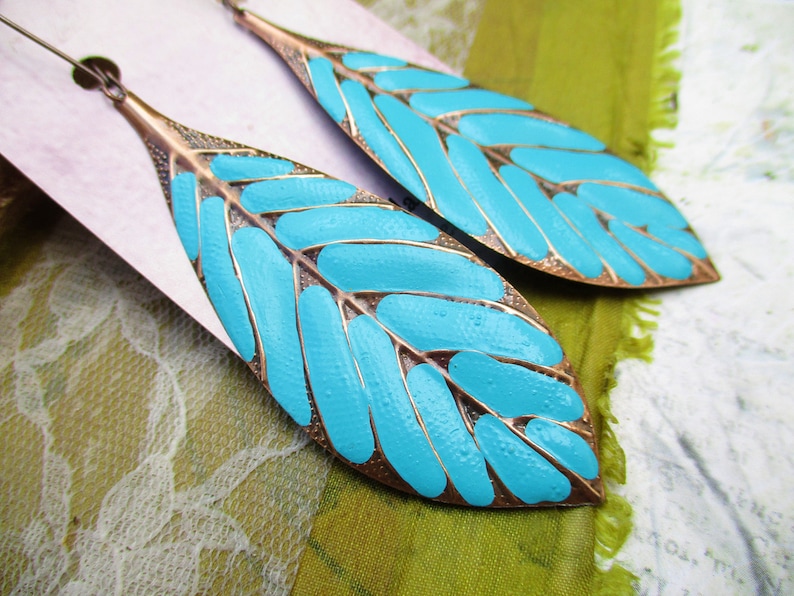 Big Turquoise Earrings, Long Leaf Earrings, Boho Dangle Earrings, Hippie Earrings, Bohemian jewelry image 7