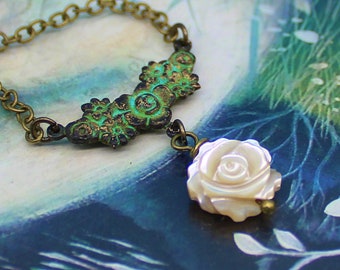 Art Nouveau Necklace, Mother of Pearl Rose Necklace, Floral Art Nouveau Jewelry, Flower Necklace, Earthy