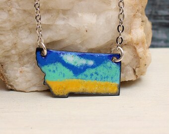 Montana Necklace, Made in Montana, Enamel Jewelry, Yellow Blue