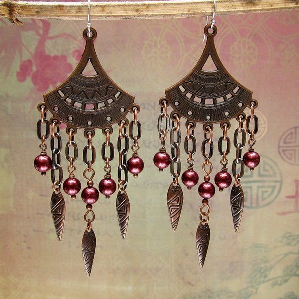 burgundy Chandelier earrings dark Copper earrings bohemian earrings Boho Jewelry