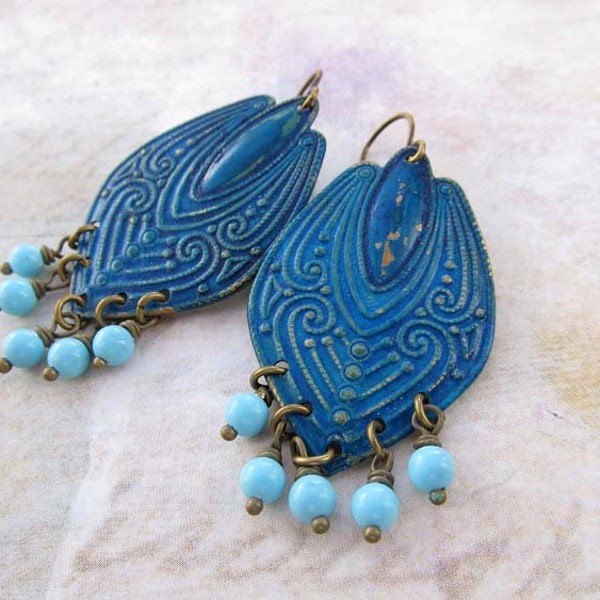 Art Deco earrings Turquoise earrings gift for her blue earrings Patina earrings  Boho bohemian jewelry