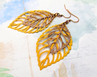 Big Boho Earrings / Mustard Yellow Earrings / Leaf Earrings / Copper Anniversary Gift / Bohemian Jewelry / Dangle Drop Earrings