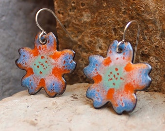 Flower Power, Orange Flower Earrings, Mothers Day Gift, Enamel Jewelry, Sterling Silver Ear Wires