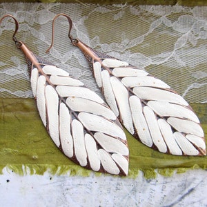 Big Bohemian Earrings, Long Boho Earrings, Copper Leaf Earrings, Linen White Dangle Earrings, Boho Jewelry image 3