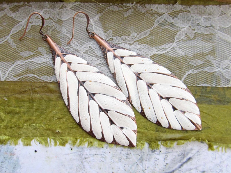 Big Bohemian Earrings, Long Boho Earrings, Copper Leaf Earrings, Linen White Dangle Earrings, Boho Jewelry image 3