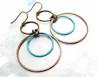 Copper Earrings,  Multi Hoop Patina Earrings, 7th Anniverary Gift for Her, Boho Jewelry