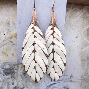 Big Bohemian Earrings, Long Boho Earrings, Copper Leaf Earrings, Linen White Dangle Earrings, Boho Jewelry image 8