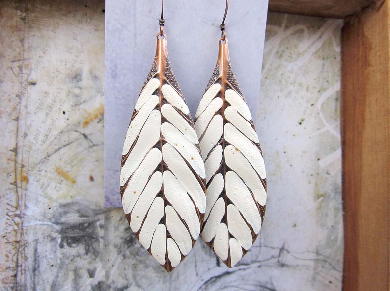 Big Bohemian Earrings, Long Boho Earrings, Copper Leaf Earrings, Linen White Dangle Earrings, Boho Jewelry image 8