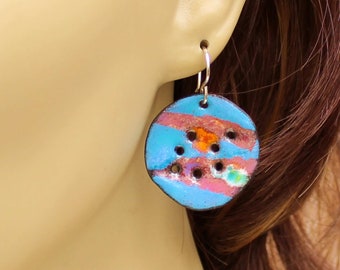 Blue Dangle Earrings, Round Sieve Enamel Earrings, Handmade Enamel Jewelry, Gift for Her