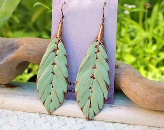 Boho Earrings, Big Earrings, Long Leaf Earrings Hand Painted Turquoise Green, Bohemian Earrings, Boho Jewelry