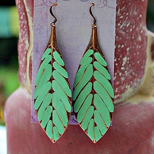 Boho Earrings, Big Earrings, Long Leaf Earrings Hand Painted Turquoise Green, Bohemian Earrings, Boho Jewelry image 6
