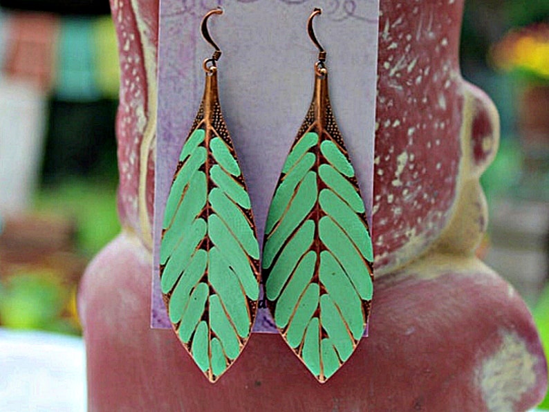Boho Earrings, Big Earrings, Long Leaf Earrings Hand Painted Turquoise Green, Bohemian Earrings, Boho Jewelry image 6