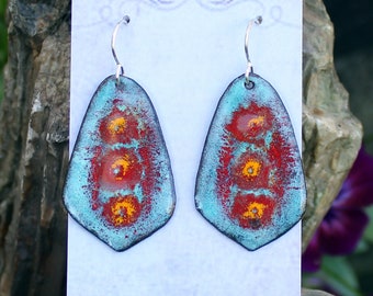 Artsy Boho Earrings, Slate Blue Copper Enamel Earrings, Bohemian Gift for Her, OOAK Earrings
