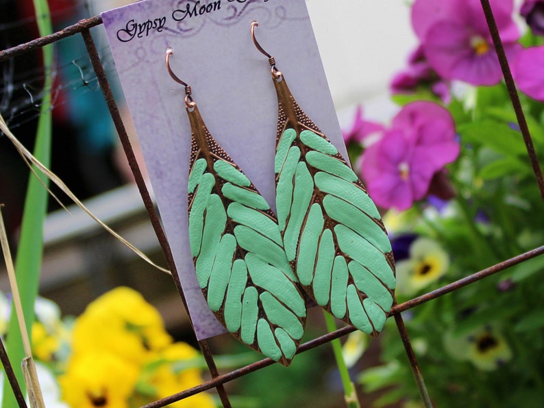 Boho Earrings, Big Earrings, Long Leaf Earrings Hand Painted Turquoise Green, Bohemian Earrings, Boho Jewelry image 3