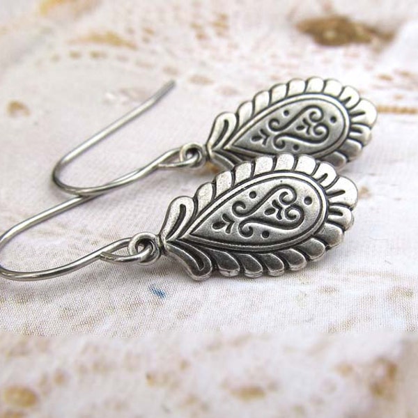small silver dangle drop earrings Paisley bohemian boho jewelry