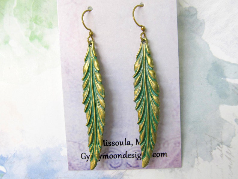 Leaf Earrings / Long Dangle Drop Earrings / Patina Jewelry image 3