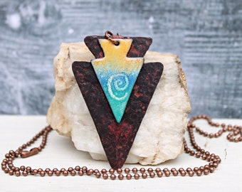 Long Boho Necklace with Hammered Copper Pendant, Enamel Arrowhead, No clasp, Fits Over Head